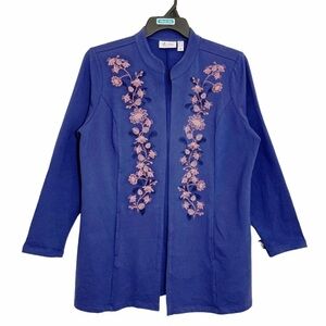 Denim & Co. Open Front Cardigan Size Large Embroidery Dark Indigo